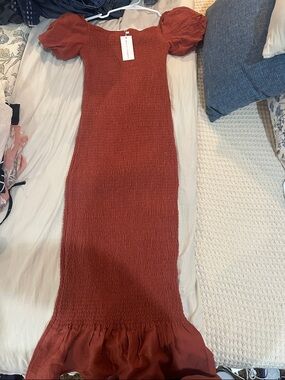 Baltic Born Rust Red Smocked Puff Sleeve Midi Dress
